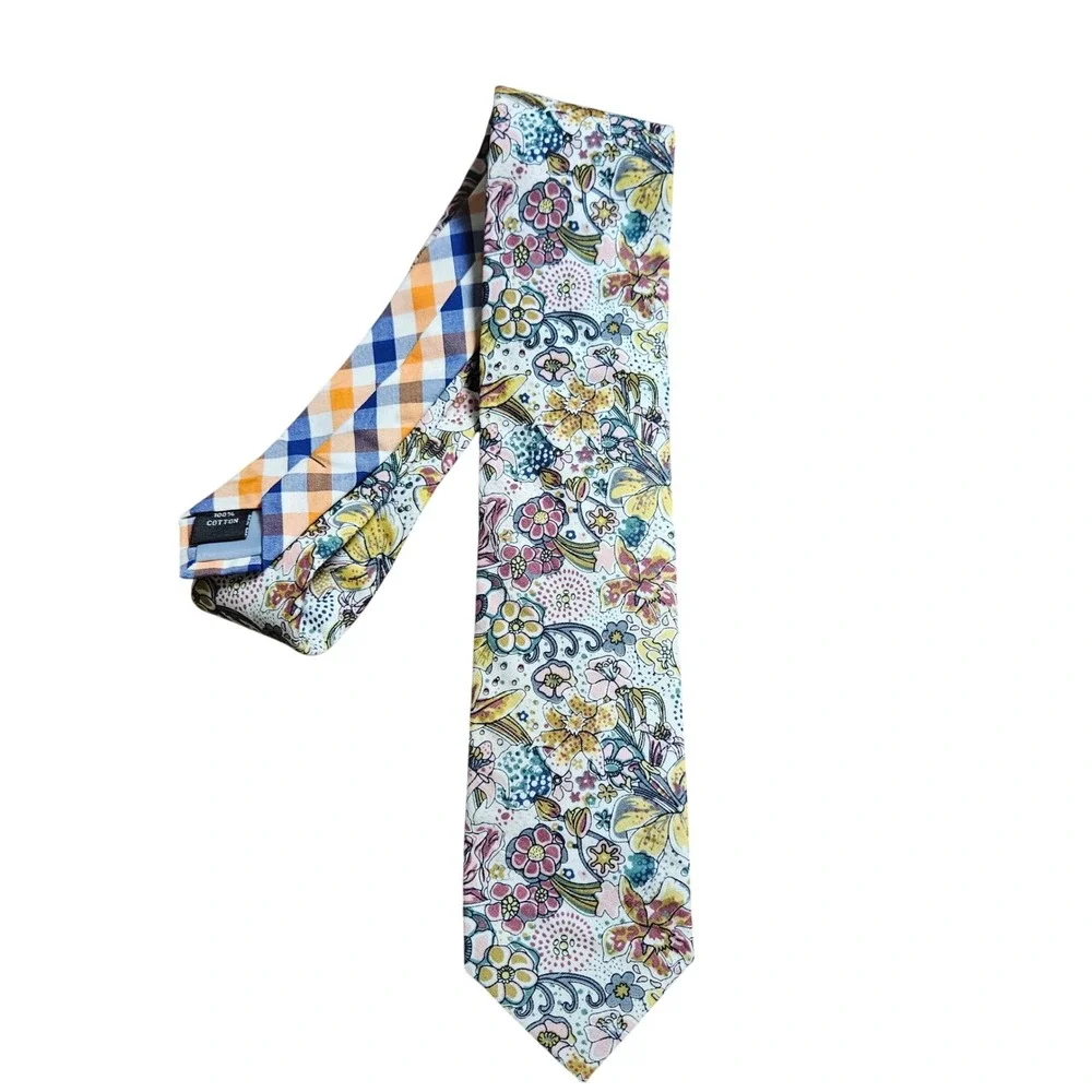 John Lennon Mens Floral Cotton Tie Necktie Gingham Tipping Multicolor Preppy